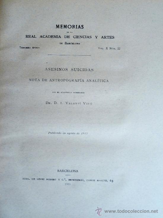 Second hand books: Asesinos Suicidas. Notas de Antropografia Analitica. Dr. D. I. Valent&iacute; Vivo