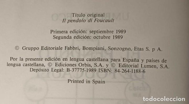 Libros de segunda mano: Libro: El P&eacute;ndulo de Foucault, Umberto Eco, 1989 - Foto 5