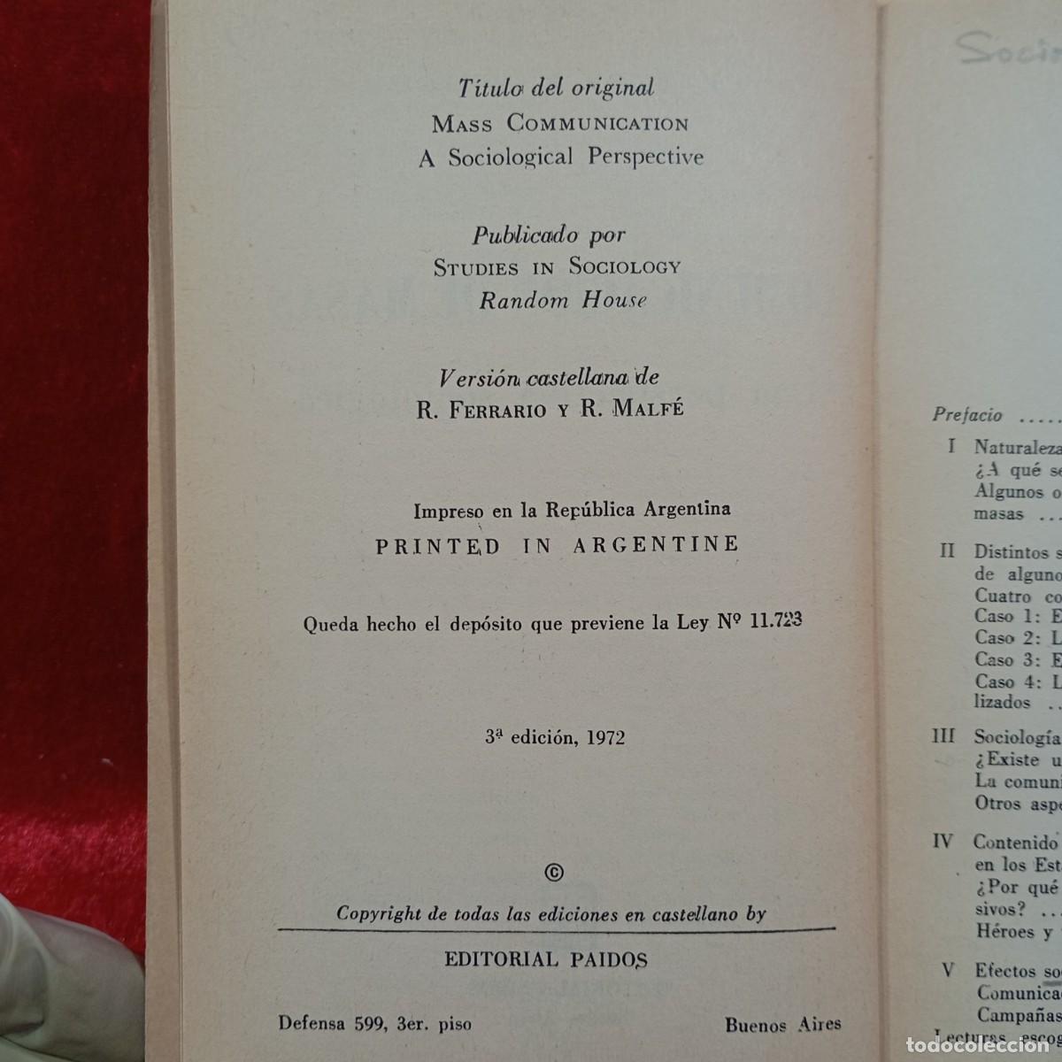 Libros de segunda mano: CHARLES R. WRIGHT - COMUNICACI&Oacute;N DE MASAS - EDITORIAL PAIDOS - 1972 / 1128 - Foto 4