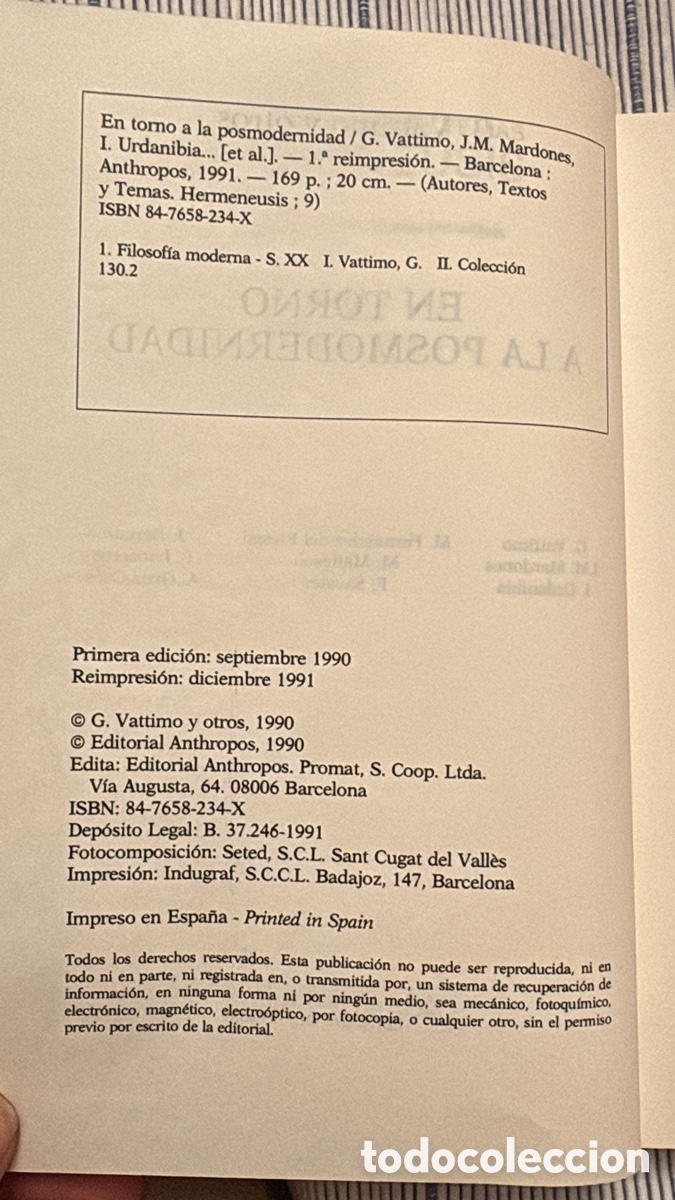 Libros de segunda mano: EN TORNO A LA POSTMODERNIDAD . Vattimo y otros - Foto 3