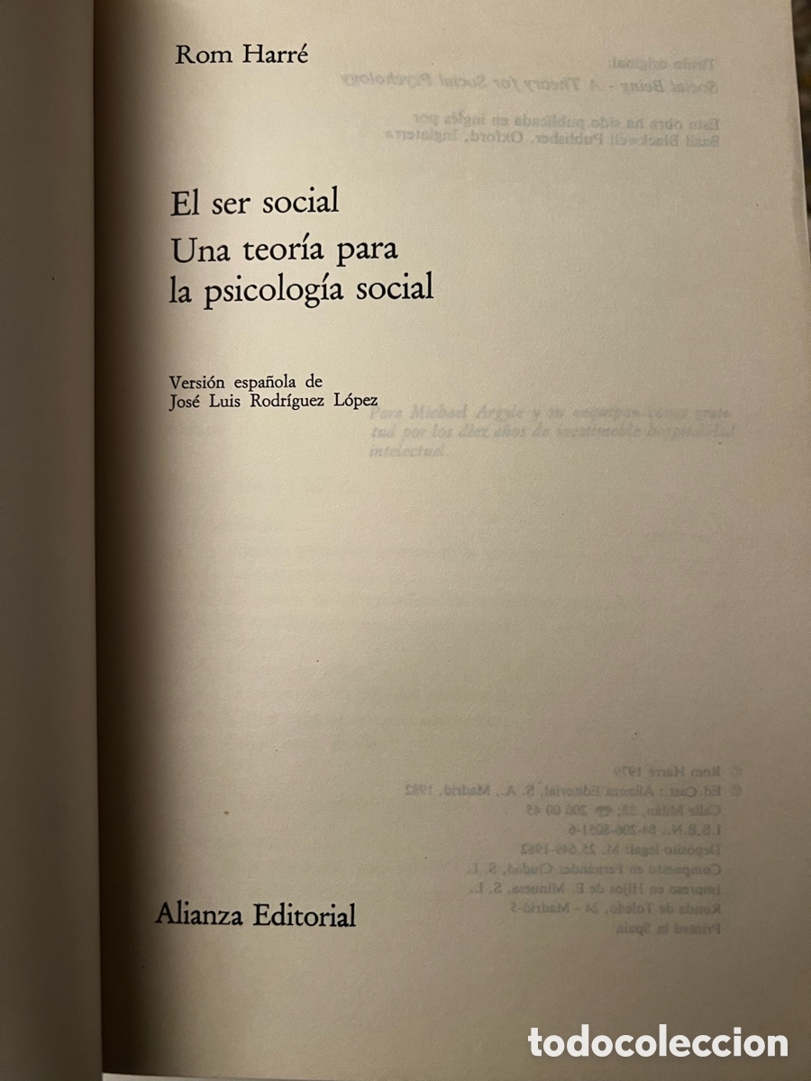 Libros de segunda mano: El ser social. Rom Harr&eacute;. Ed. Alianza - Foto 2
