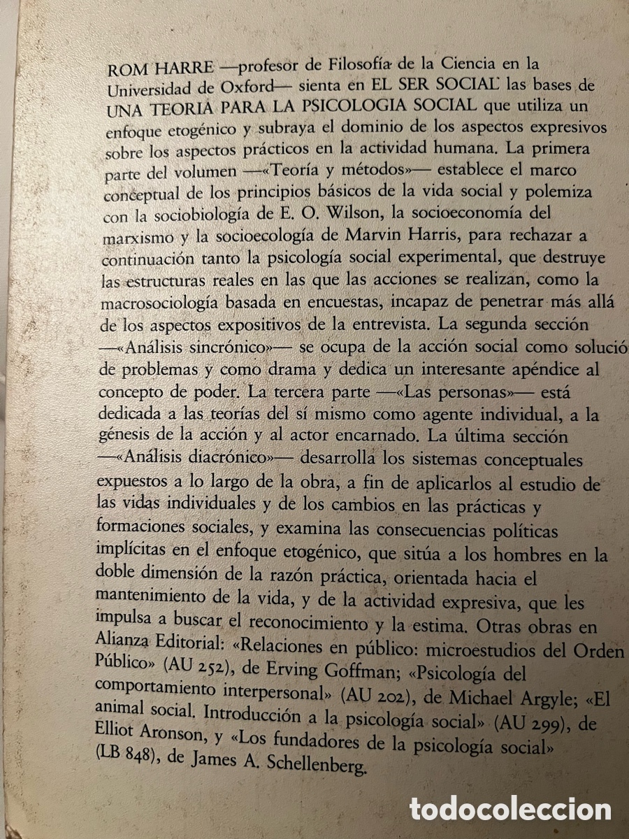 Libros de segunda mano: El ser social. Rom Harr&eacute;. Ed. Alianza - Foto 5