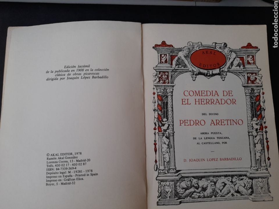 Libros de segunda mano: Comedia de el Herrador - Pedro Aretino (facs&iacute;mil de la ed. 1908) - Foto 2