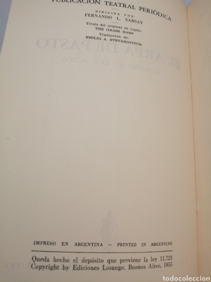 Libros de segunda mano: El arpa de pasto. Comedia en dos actos (Primera edici&oacute;n) - Foto 3