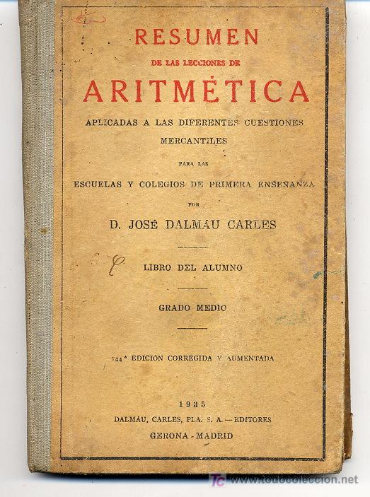 ARITMETICA RESUMEN 1935 GRADO MEDIO LIBRO ESCOLAR