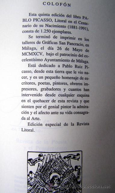 Libros de segunda mano: PICASSO. LITORAL. EDICION1250 EJ. 1988 - Foto 2
