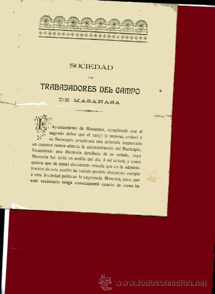 Libros de segunda mano: MEMORIA DE LA SOCIEDAD DE TRABAJADORES DEL CAMPO DE MASANASA 1907