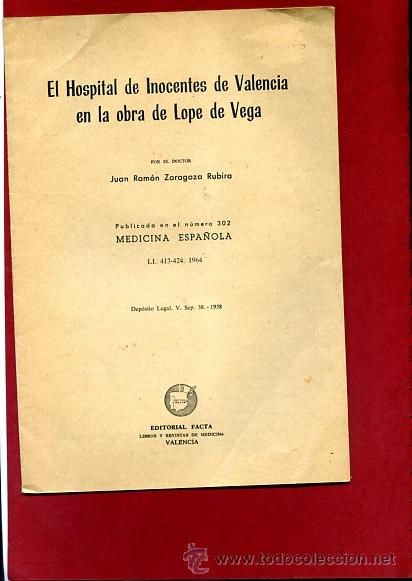 Libros de segunda mano: ZARAGOZA RUBIRA,J.R.,,EL HOSPITAL DE INOCENTES EN LA OBRA DE LOPE DE VEGA separata