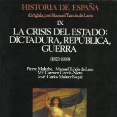 Libros de segunda mano: LA CRISIS DEL ESTADO: DICTADURA, REPÚBLICA, GUERRA (1923-1939). HISTORIA DE ESPAÑA. VOL. IX. Lote 49214327