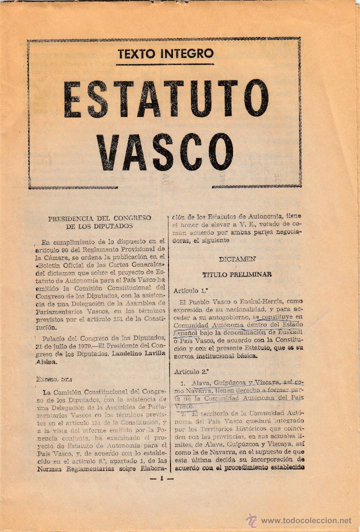 Libros de segunda mano: TEXTO &Iacute;NTEGRO ESTATUTO VASCO, SEPARATA DE ABC 04/08/1977, ENV&Iacute;O GRATIS - Foto 1