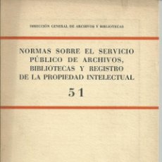 Libros de segunda mano: NORMAS SOBRE EL SERVICIO PUBLICO DE ARCHIVOS, BIBLIOTECAS Y REGISTRO PROPIEDAD INTELECTUAL. 1966. Lote 54137989