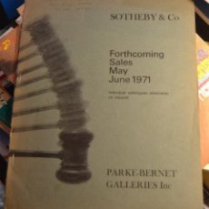 Libros de segunda mano: CATALOGO SOTHEBY S FORTHCOMING SALES MAY-JUNE 1971. LONDON LONDRES. INSTRUMENTOS, VINOS, RELOJES. Lote 54139630