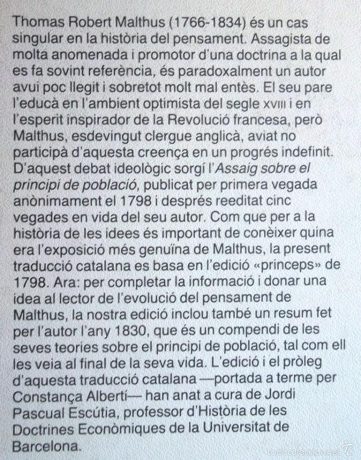 Libros de segunda mano: Un assaig sobre el principi de poblaci&oacute;. Thomas Robert Malthus. Ed 62 Cl&agrave;ssics del pensament modern - Foto 2