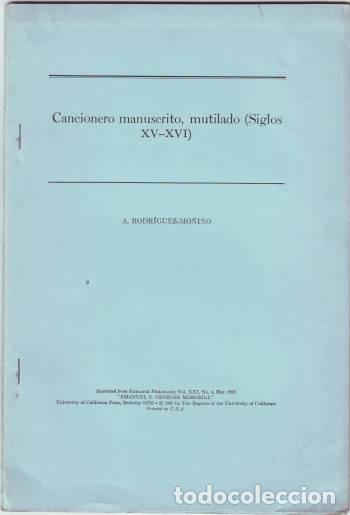 Libros de segunda mano: RODRIGUEZ-MO&Ntilde;INO, A: CANCIONERO MANUSCRITO, MUTILADO (SIGLOS XV-XVI)