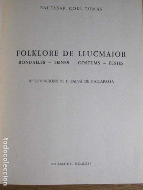 Libros de segunda mano: Folklore de Llucmajor, Por Baltasar Coll Tom&aacute;s, Mallorca, 1971 - Foto 2