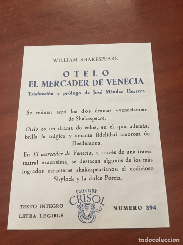 Libros de segunda mano: Libro crisol willian Shakespeare Otelo el mercader de Venecia - Foto 4