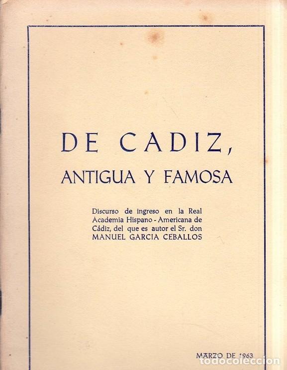 Libri di seconda mano: DE CADIZ, ANTIGUA Y FAMOSA. MANUEL GARCIA CEBALLOS. 1963.
