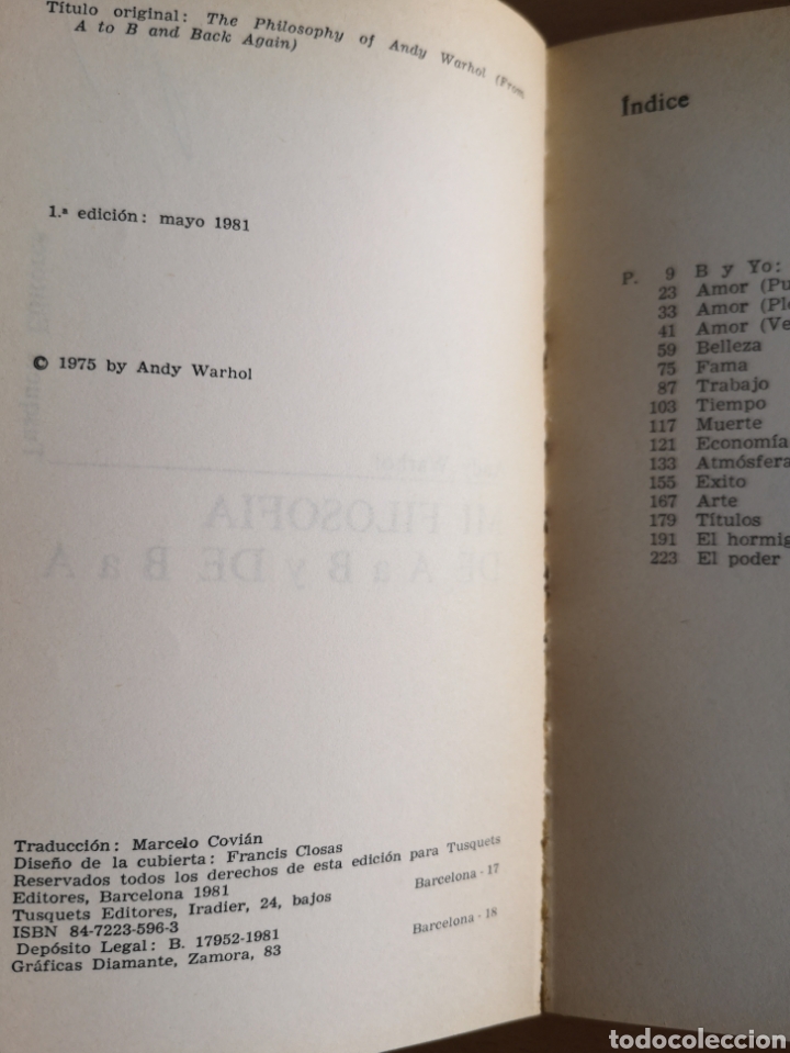 Libros de segunda mano: ANDY WARHOL - MI FILOSOF&Iacute;A DE A A B Y DE B A A - TUSQUETS - PRIMERA EDICION - Foto 2