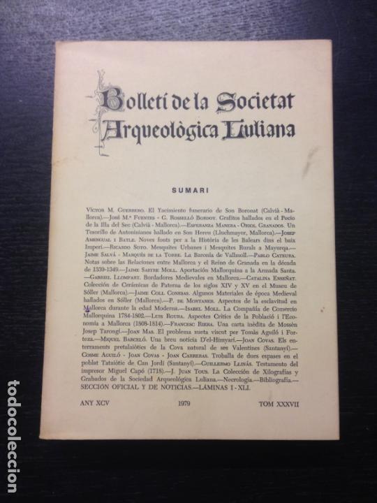 Libri di seconda mano: BOLLETI DE LA SOCIETAT ARQUEOLOGICA LULIANA, ANY XCV, TOM XXXVII, 1979