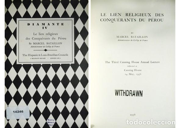 Libros de segunda mano: BATAILLON, Marcel.  Le lien religieux des Conquerants du P&eacute;rou.  1956. - Foto 1
