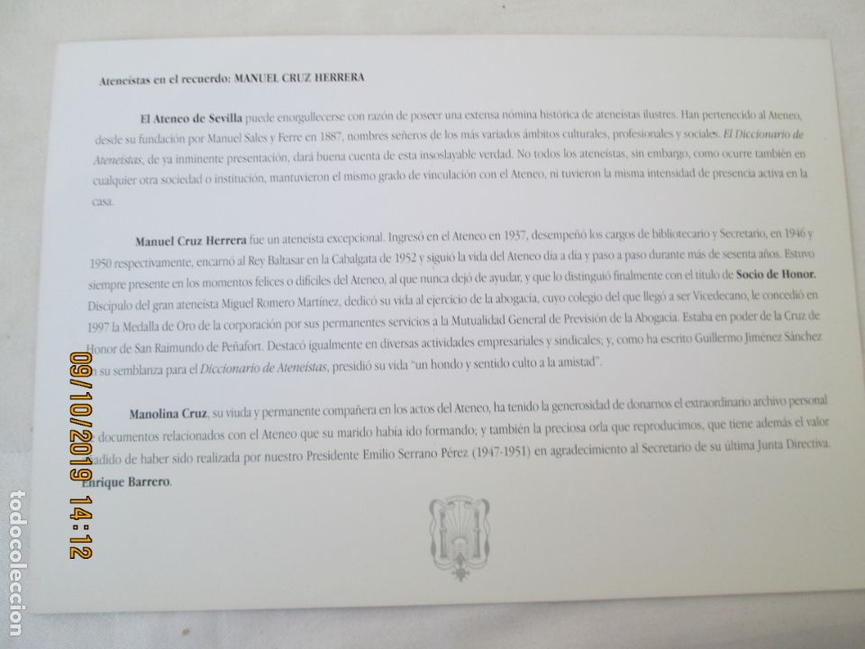Libros de segunda mano: ATENEO DE SEVILLA , DEDICATORIA A D MANUEL CRUZ HERRERA - Foto 2