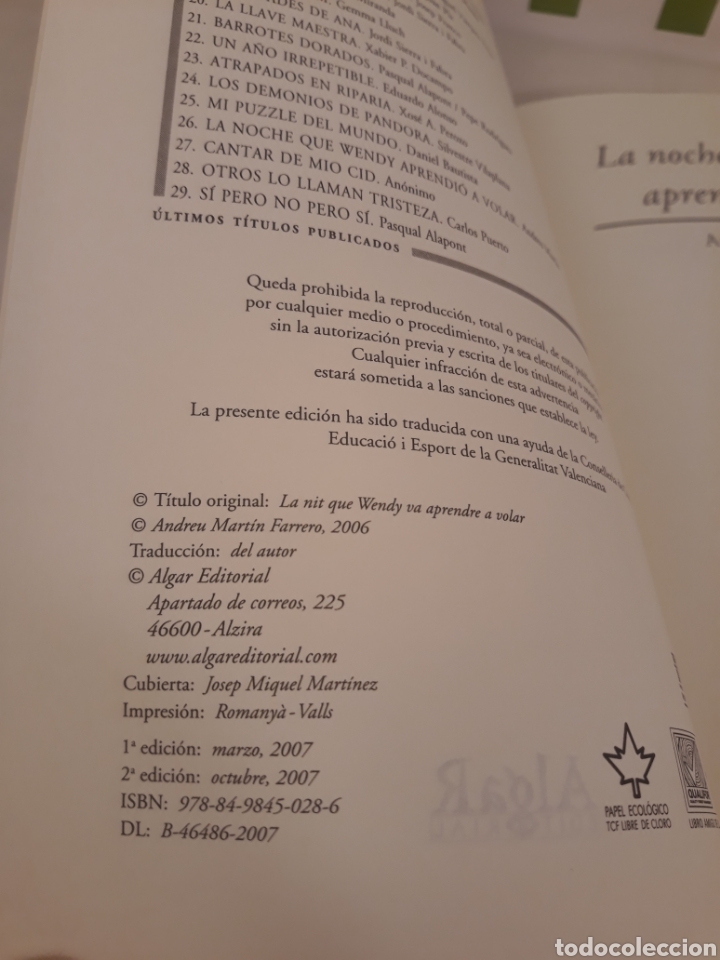 Libros de segunda mano: La noche que Wendy aprendi&oacute; a volar. Andreu Martin. - Foto 4