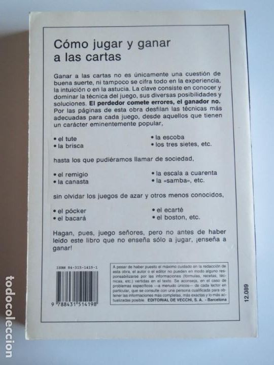 Libros de segunda mano: COMO JUGAR Y GANAR A LAS CARTAS MANUEL HURTADO 1995 EDITORIAL DE VECCHI - Foto 2
