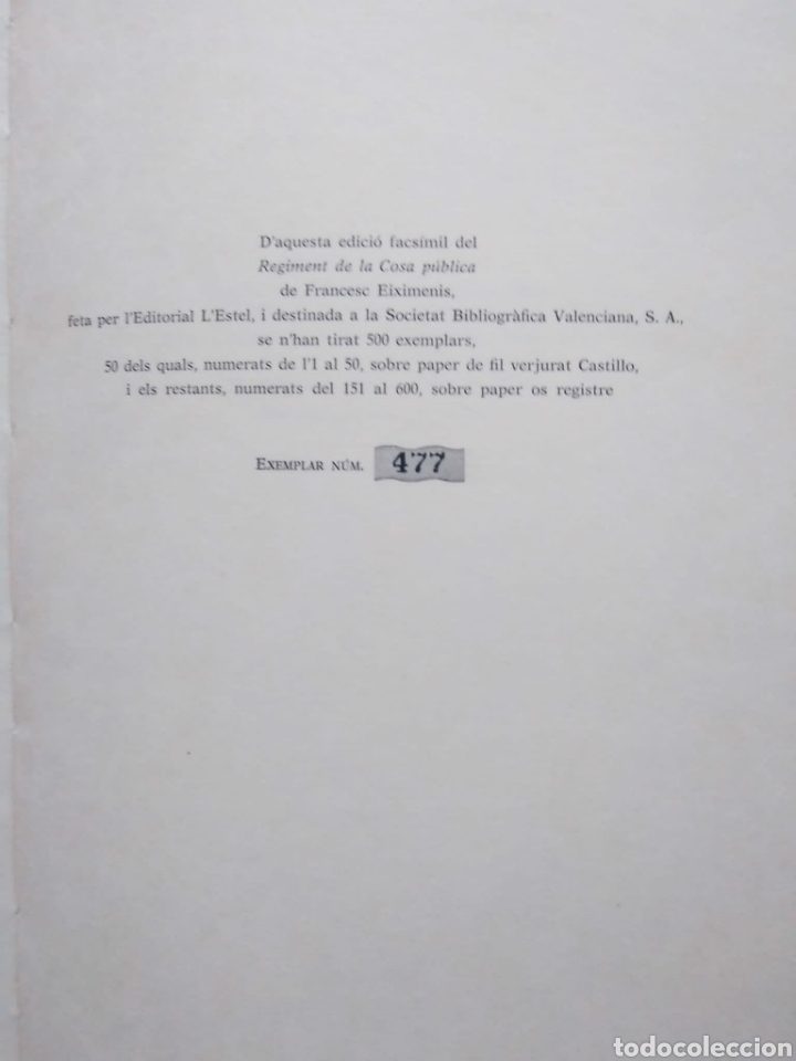 Libros de segunda mano: Francesc Eiximenis. Regiment de la cosa p&uacute;blica (Valencia 1499) Facs&iacute;mil - Foto 4