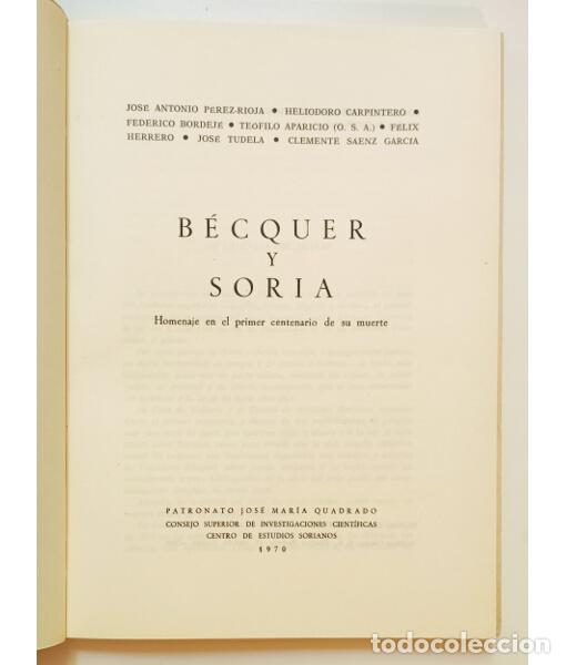 Libros de segunda mano: B&Eacute;CQUER Y SORIA: HOMENAJE EN EL PRIMER CENTENARIO DE SU MUERTE. VV.AA. CSIC. 1970. - Foto 2