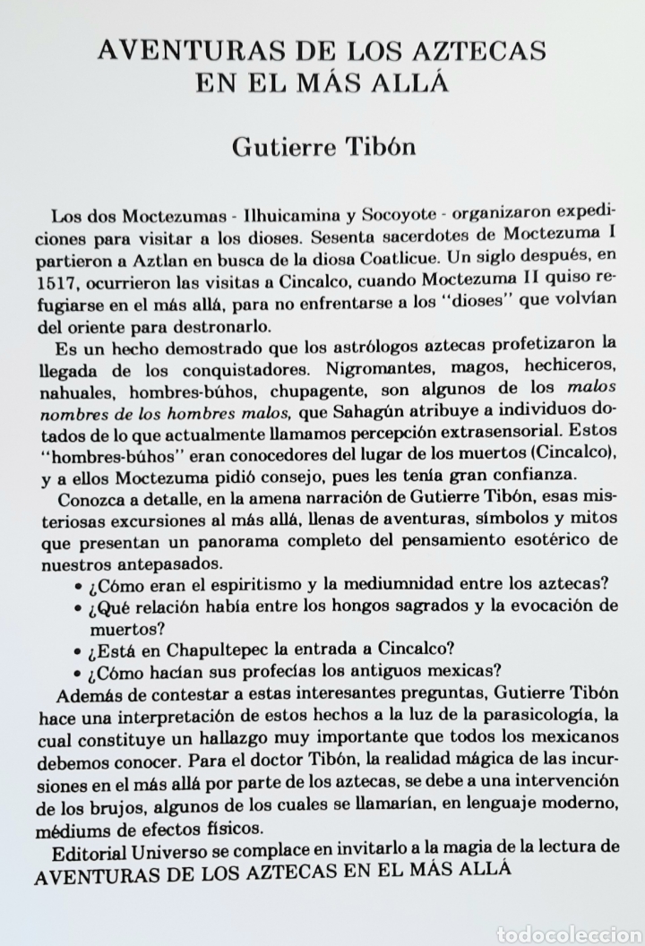 Libros de segunda mano: AVENTURAS DE LOS AZTECAS EN EL MAS ALLA GUTIERRE TIBON - Foto 2