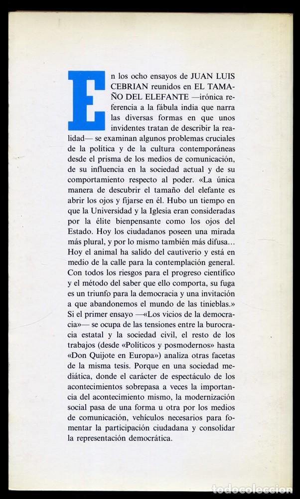Libros de segunda mano: CEBRI&Aacute;N, Juan Luis. El tama&ntilde;o del elefante. 1987. - Foto 2