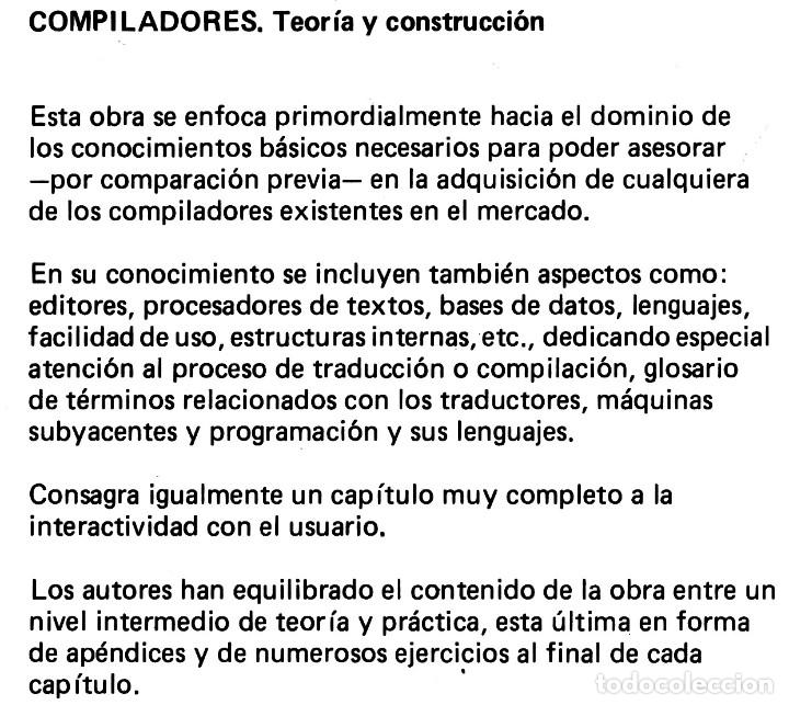 Libros de segunda mano: �F1045 - COMPILADORES. TEORIA Y CONSTRUCCION. INCLUYE EJERCICIOS Y SUS SOLUCIONES. - Foto 2