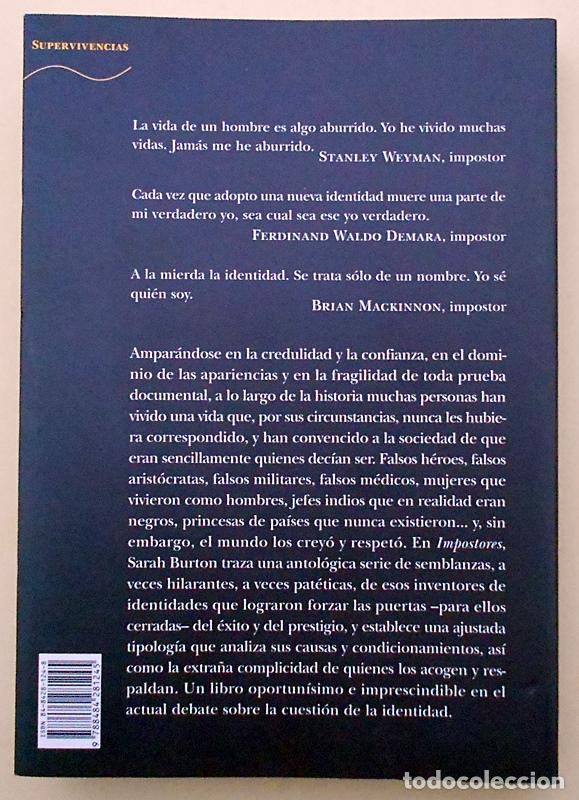 Libros de segunda mano: Impostores - Sarah Burton - Alba (Trayectos) 2002 COMO NUEVO - Foto 2