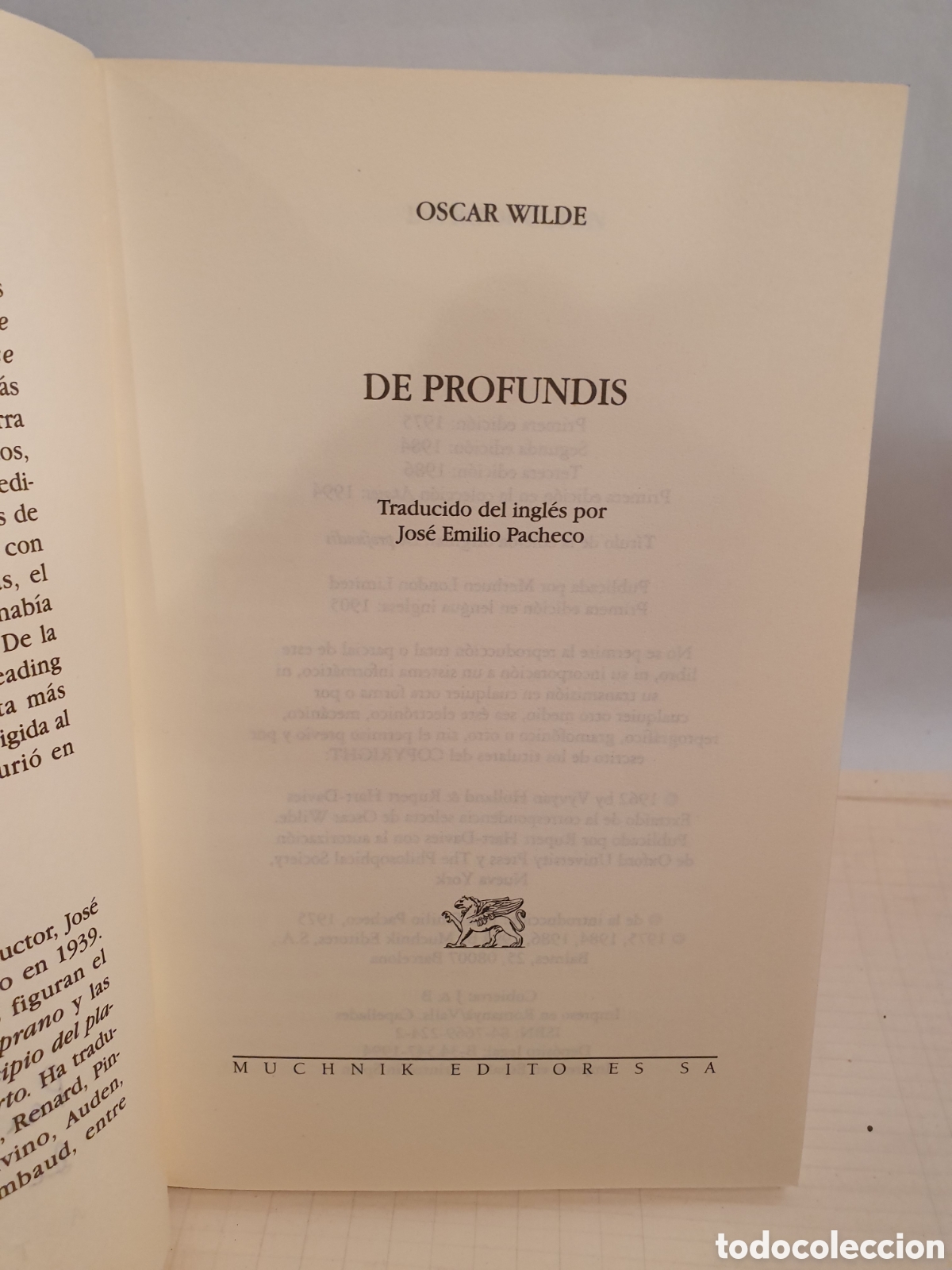 Libros de segunda mano: OSCAR WILDE. DE PROFUNDIS. MUCHNIK EDITORES. 1994. - Foto 2