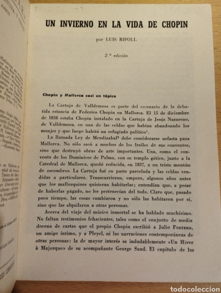 Libros de segunda mano: UN INVIERNO EN LA VIDA DE CHOPIN (LUIS RIPOLL) - Foto 2