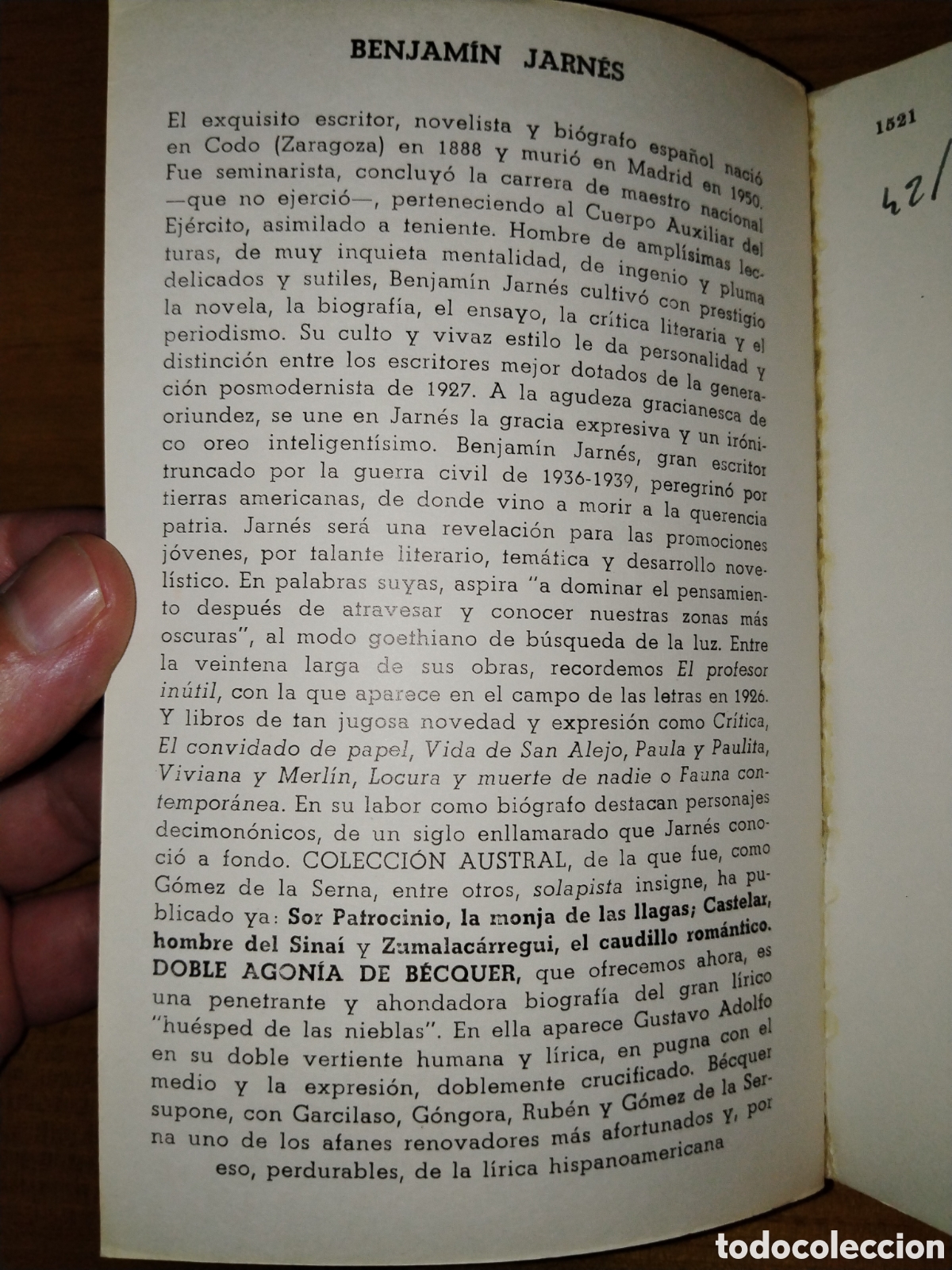 Libros de segunda mano: Doble agon&iacute;a de B&eacute;cquer. Benjam&iacute;n jarn&eacute;s. Austral - Foto 2