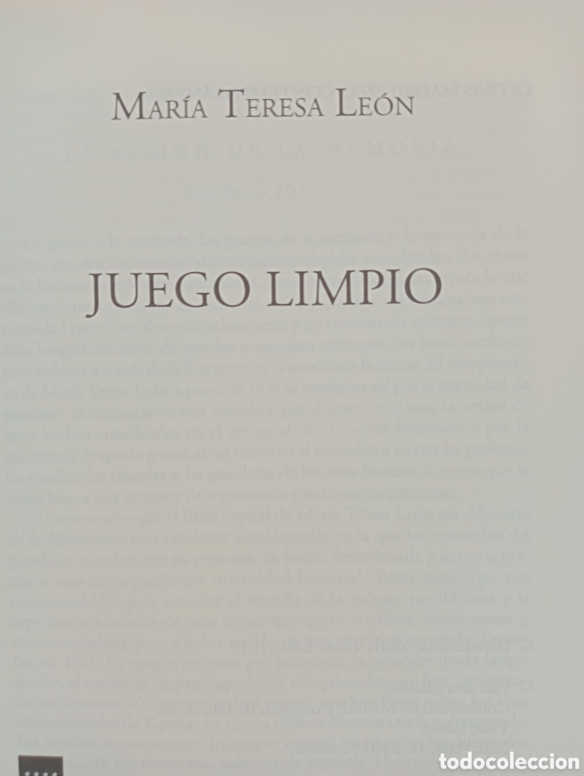 Libros de segunda mano: Juego limpio / Mar&iacute;a Teresa Le&oacute;n - Foto 2