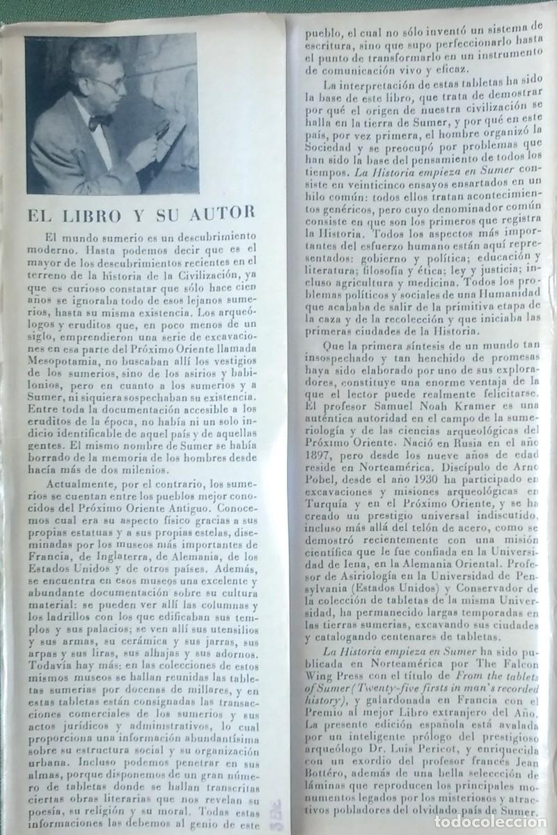 Libros de segunda mano: LA HIST&Ograve;RIA EMPIEZA EN SUMER - SAMUEL NOAH KRAMER - 1&ordf; Ed. 1958. - Foto 2