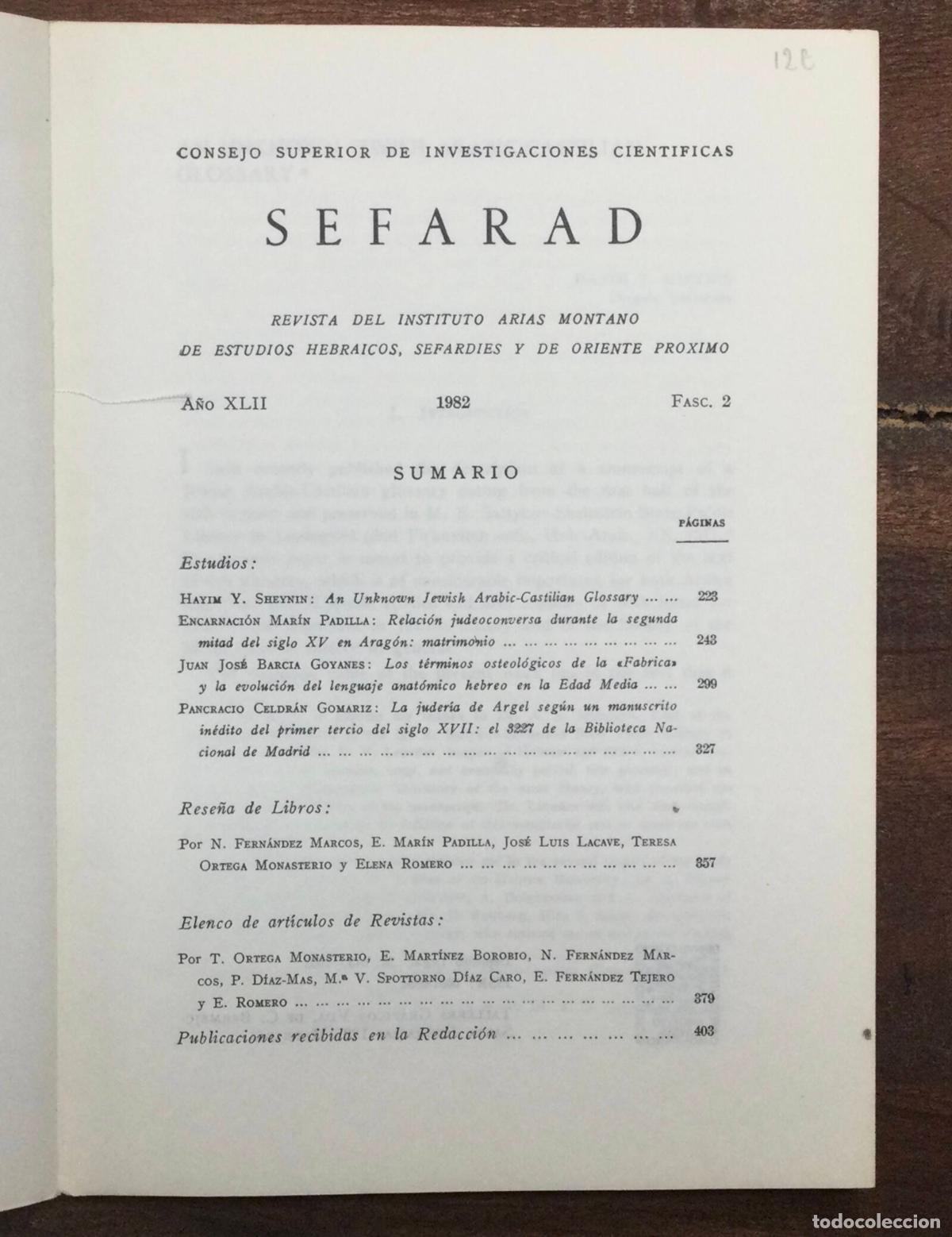 Libros de segunda mano: SEFARAD. A&Ntilde;O XLII. FASC. 2. VV.AA.. CSIC. 1982. - Foto 2