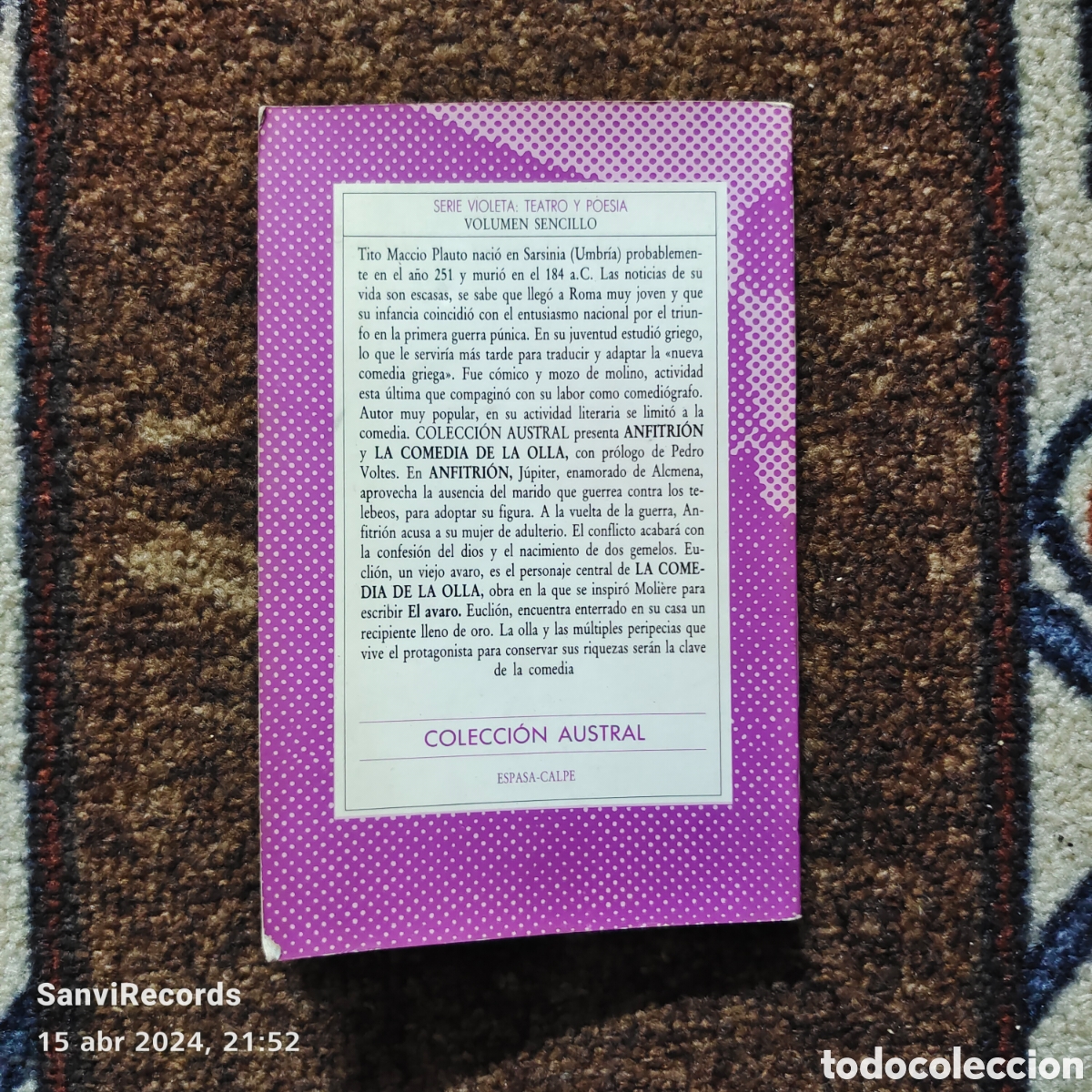 Libros de segunda mano: ANFITRI&Oacute;N - LA COMEDIA DE LA OLLA (PLAUTO) (COLECCI&Oacute;N AUSTRAL, ESPASA-CALPE) - Foto 2