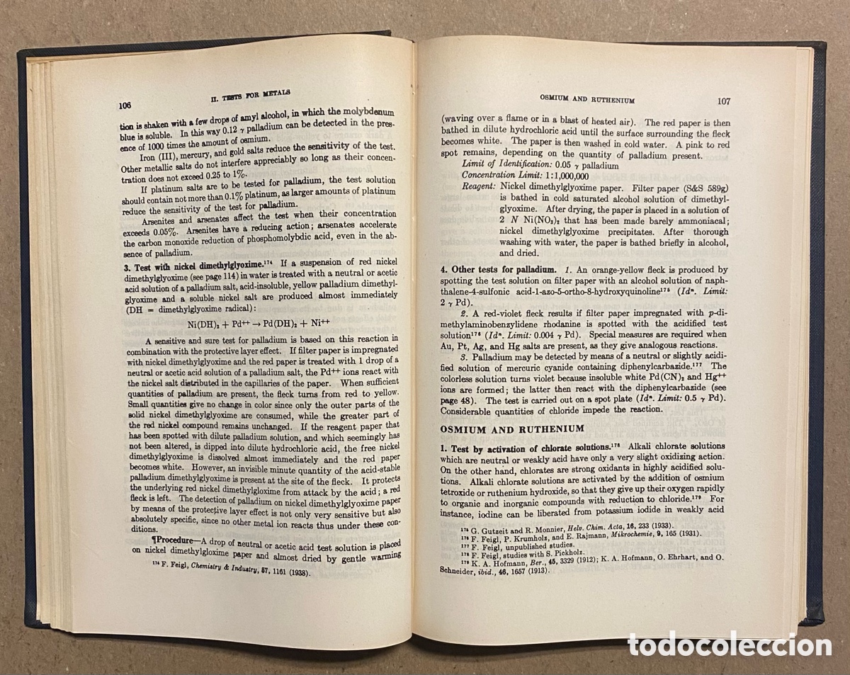 Libros de segunda mano: QUALITATIVE ANALYSIS BY SPOT TESTS. FRITZ FEIGL. ELSEVIER PUBLISHING 1947. - Foto 4