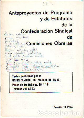 Libros de segunda mano: ANTEPROYECTOS DE PROGRAMA Y ESTATUTOS DE LA CONFEDERACION SINDICAL DE COMISIONES OBRERAS. - - Foto 1