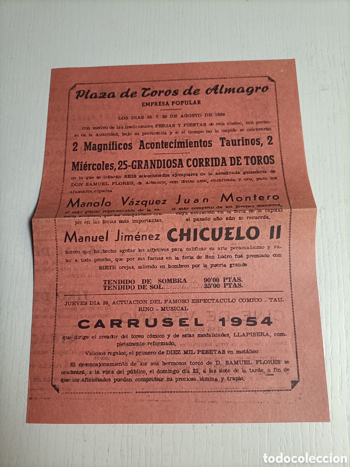 Libros de segunda mano: D&iacute;ptico. Plaza de toros de Almagro 1954 - Foto 1