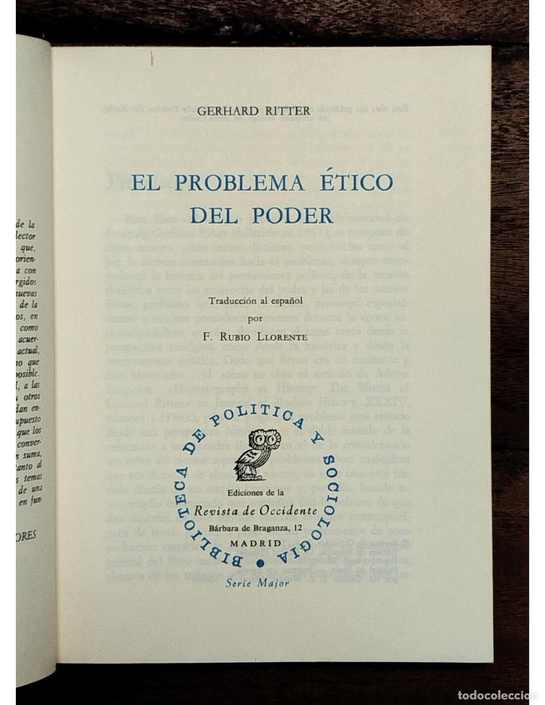 Libros de segunda mano: EL PROBLEMA &Eacute;TICO DEL PODER. RITTER, Gerhard. Revista de Occidente. 1972. - Foto 2