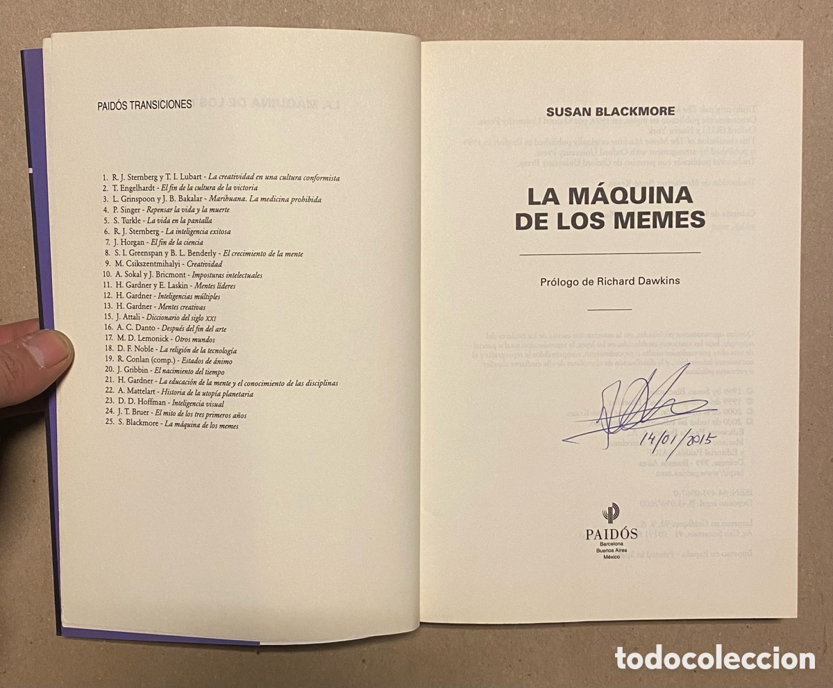Libros de segunda mano: LA M&Aacute;QUINA DE LOS MEMES. SUSAN BLACKMORE. EDICIONES PAID&Oacute;S 2000. - Foto 2