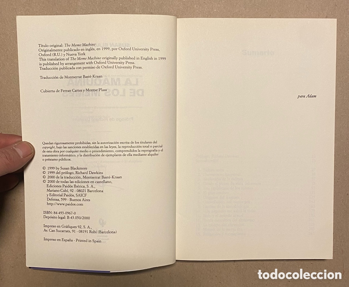 Libros de segunda mano: LA M&Aacute;QUINA DE LOS MEMES. SUSAN BLACKMORE. EDICIONES PAID&Oacute;S 2000. - Foto 3