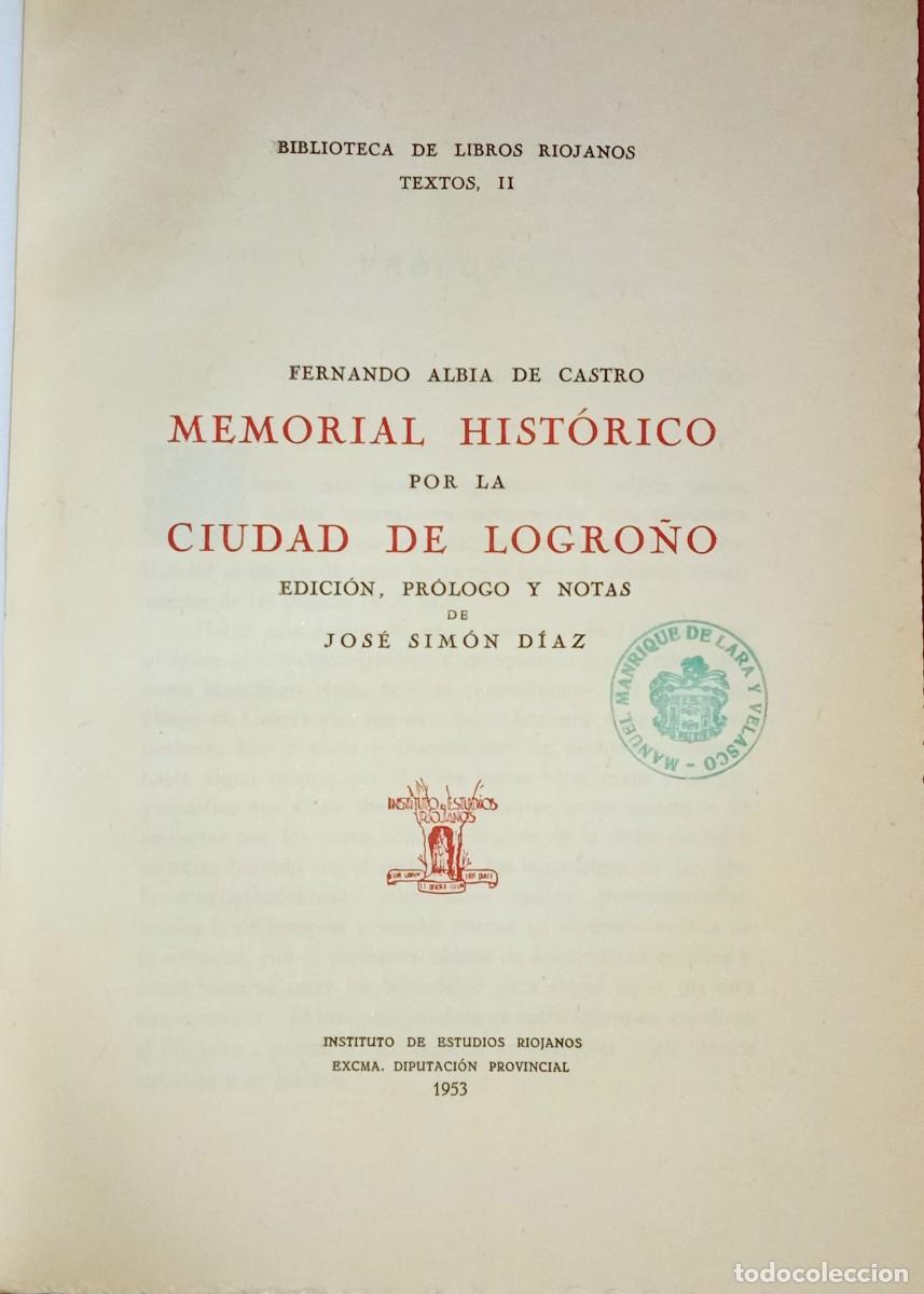 Libros de segunda mano: MEMORIAL HIST&Oacute;RICO POR LA CIUDAD DE LOGRO&Ntilde;O - Foto 3