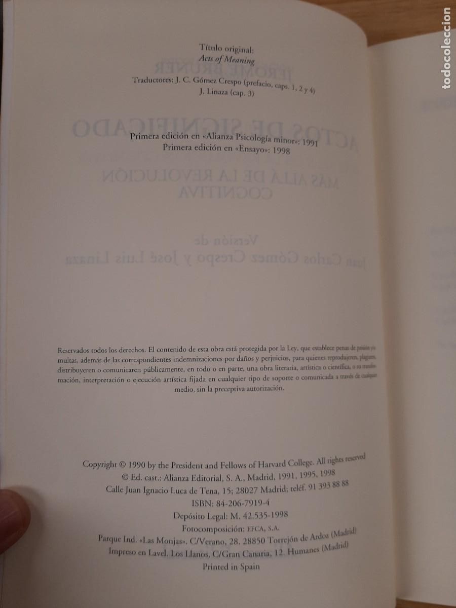 Libros de segunda mano: Actos de significado - Jerome Bruner - Alianza - 1998 - Foto 5