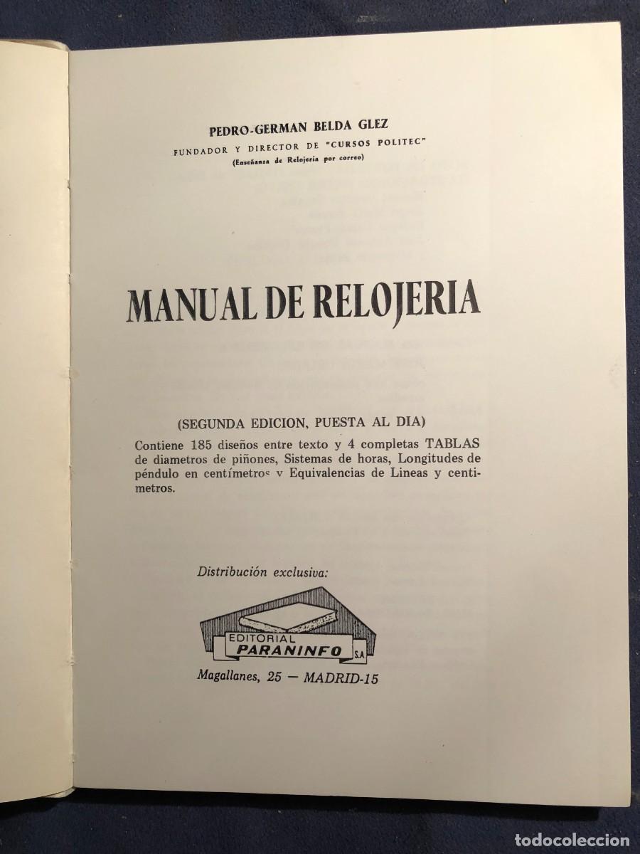Libros de segunda mano: P. G. BELDA: - MANUAL DE RELOJER&Iacute;A - (1980) - Foto 2