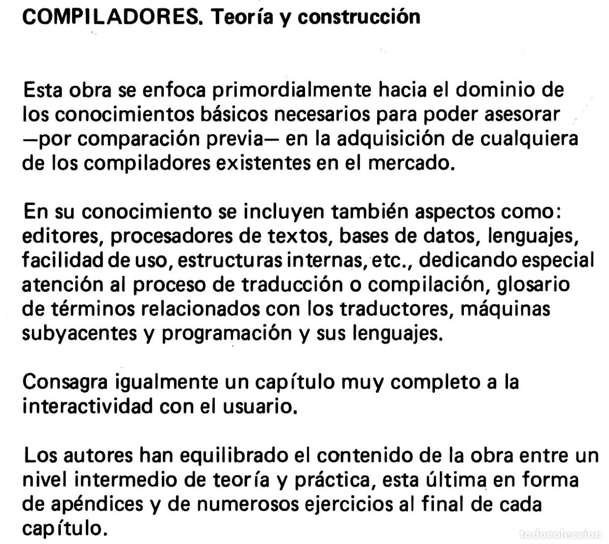 Libros de segunda mano: COMPILADORES. TEORIA Y CONSTRUCCION. INCLUYE EJERCICIOS Y SUS SOLUCIONES. - Foto 3